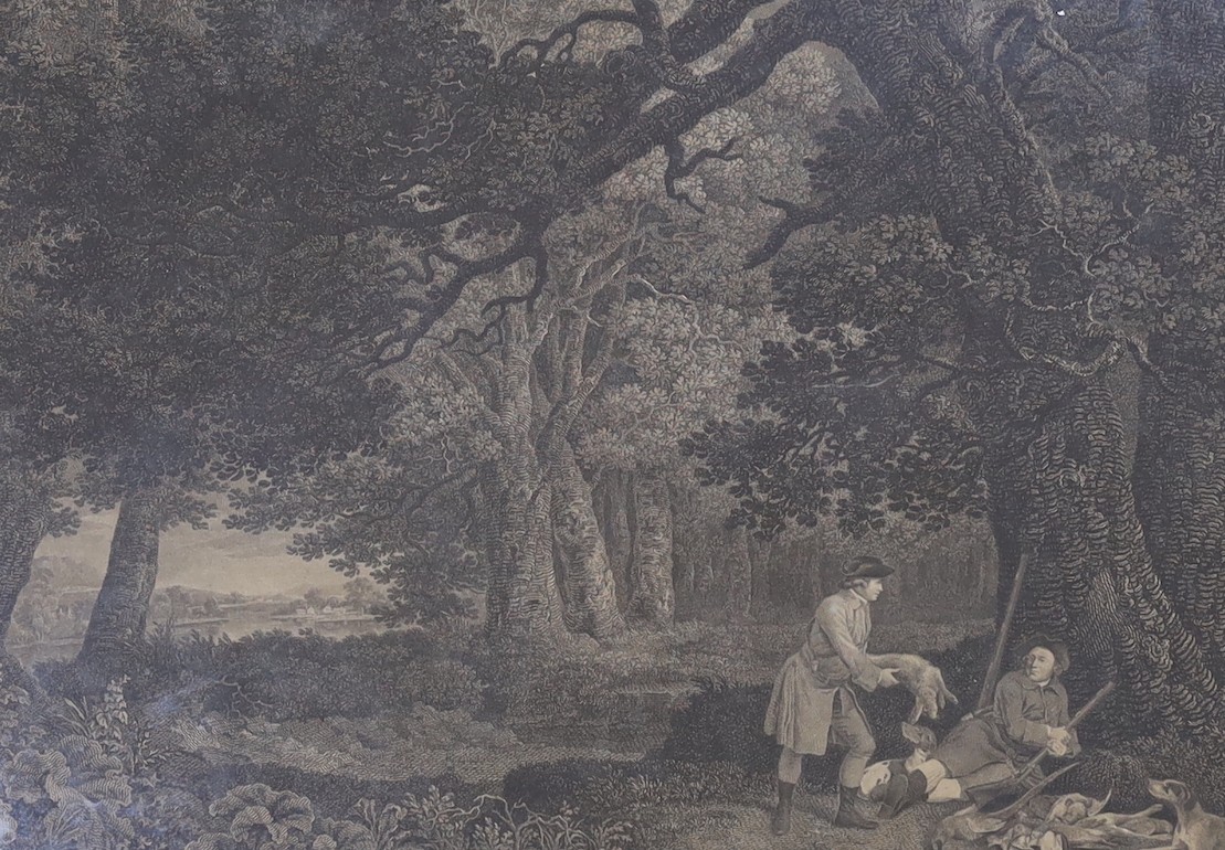 William Pether after Rembrandt, mezzotint, 'A Jew Rabbi', overall 53 x 39cm, another mezzotint after Rembrandt by McArdell and a pair of engravings of woodlanders